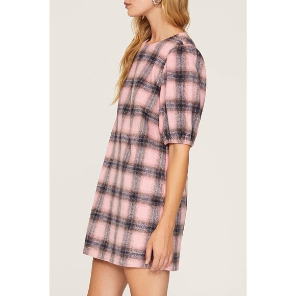 Pink & Gray Plaid Puff Sleeve Mini Dress By Toccin X RTR Size 12 Blend Fabric - Picture 2 of 12